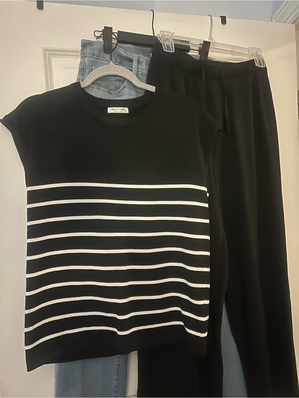Amazon Black Knit Striped Top with Black Jogger Pants